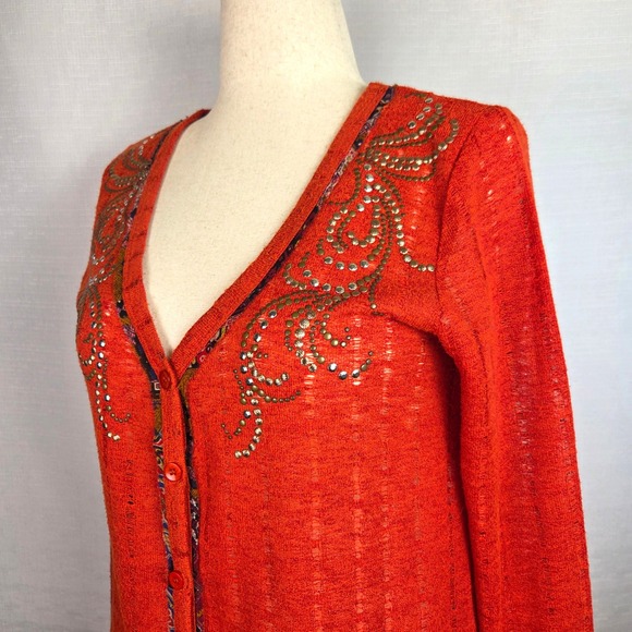 Miss Me Orange Studded Embellished Open Knit Cardigan Sweater Bohemian Women's M - Picture 2 of 6